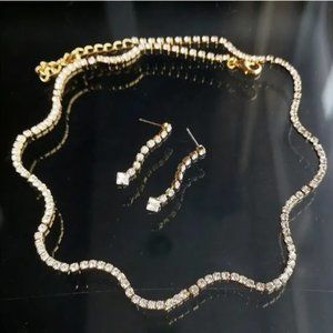 Vintage Czech Crystal WAVES necklace earring set gold tone